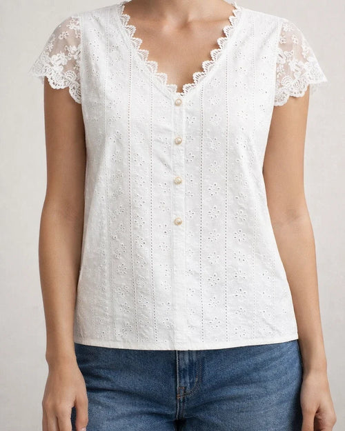Women's New Fashionable Loose-Fit Solid-Color Lace V-Neck Petal-Sleeve T-Shirt | JRSEE:1769f740-6574-41a9-a400-103bb1ee83b0
