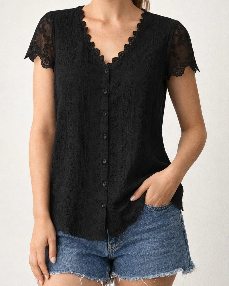 Women's New Fashionable Loose-Fit Solid-Color Lace V-Neck Petal-Sleeve T-Shirt | JRSEE:b4e7e4db-4ba5-4a84-a3df-d0d4af9109c2