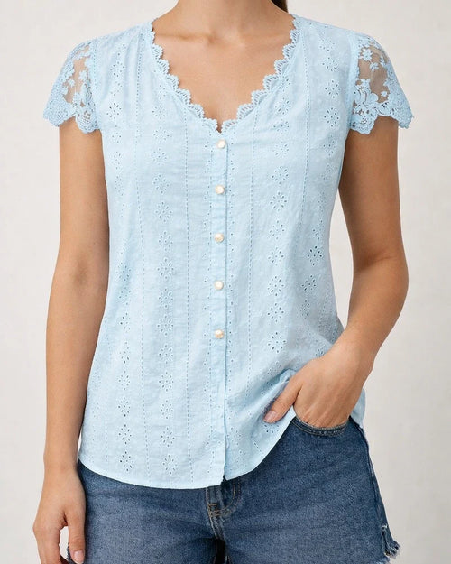 Women's New Fashionable Loose-Fit Solid-Color Lace V-Neck Petal-Sleeve T-Shirt | JRSEE:ef2959e2-69e2-461d-94c4-195f85c98fc9