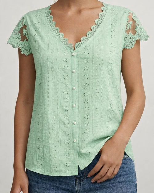 Women's New Fashionable Loose-Fit Solid-Color Lace V-Neck Petal-Sleeve T-Shirt | JRSEE:0a911d66-6f41-4c29-9313-c5bbcb5c1b45