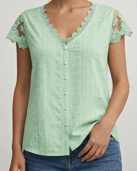 Women's New Fashionable Loose-Fit Solid-Color Lace V-Neck Petal-Sleeve T-Shirt | JRSEE:0a911d66-6f41-4c29-9313-c5bbcb5c1b45