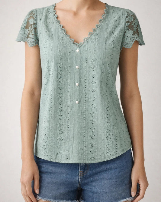 Women's New Fashionable Loose-Fit Solid-Color Lace V-Neck Petal-Sleeve T-Shirt | JRSEE:e160185a-c99c-4eac-9fc5-0465e46fdc25
