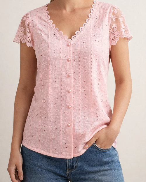 Women's New Fashionable Loose-Fit Solid-Color Lace V-Neck Petal-Sleeve T-Shirt | JRSEE:fd2986e0-0f52-4486-b259-8964fd341cef