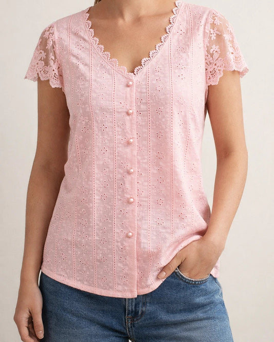 Women's New Fashionable Loose-Fit Solid-Color Lace V-Neck Petal-Sleeve T-Shirt | JRSEE:fd2986e0-0f52-4486-b259-8964fd341cef
