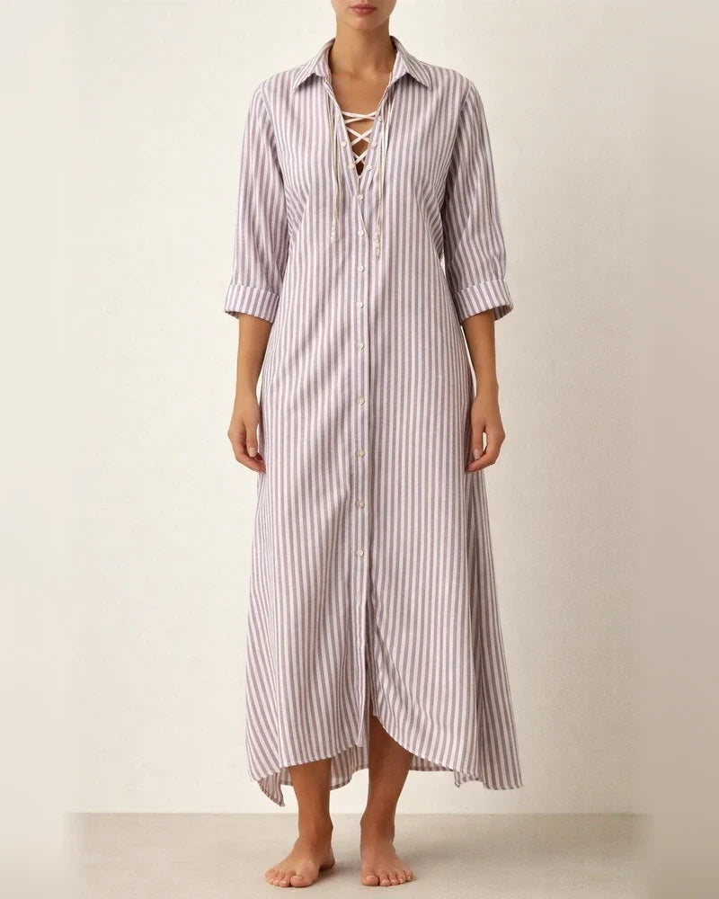 Women's New Five-quarter Sleeve Striped Cardigan Lapel Shirt Dresses | JRSEE:d4dc4fcc-7d12-4a8b-bc78-8cd803915eaf