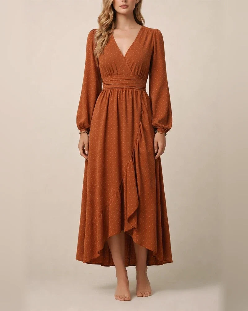 Women's New in The Wool Ball Slant Collar Lantern Sleeve Pleated Decoration Dress | JRSEE:b1d46a97-2ebe-4fe0-ba1b-f065ed9e00a3