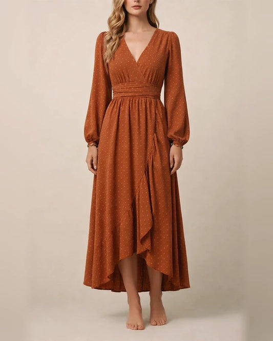 Women's New in The Wool Ball Slant Collar Lantern Sleeve Pleated Decoration Dress | JRSEE:b1d46a97-2ebe-4fe0-ba1b-f065ed9e00a3