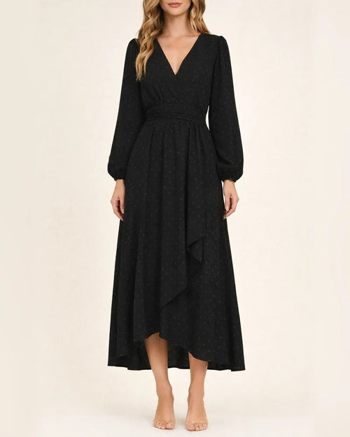 Women's New in The Wool Ball Slant Collar Lantern Sleeve Pleated Decoration Dress | JRSEE:376b7ee0-b01d-45a7-8b05-a7db2e12fdc0