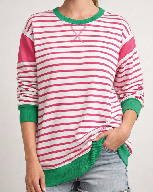 Women's New Round Neck Sweater Striped Colorful Long-sleeved Printed T-shirt | JRSEE:7471cb62-702d-4b0b-b057-4ee61a6584a5