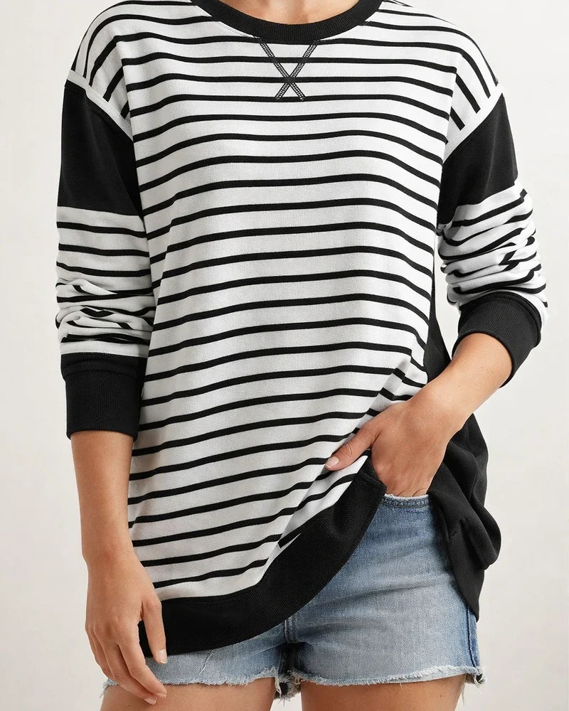 Women's New Round Neck Sweater Striped Colorful Long-sleeved Printed T-shirt | JRSEE:bdd81a2e-0b09-4f7c-9266-5b71820d5ae6
