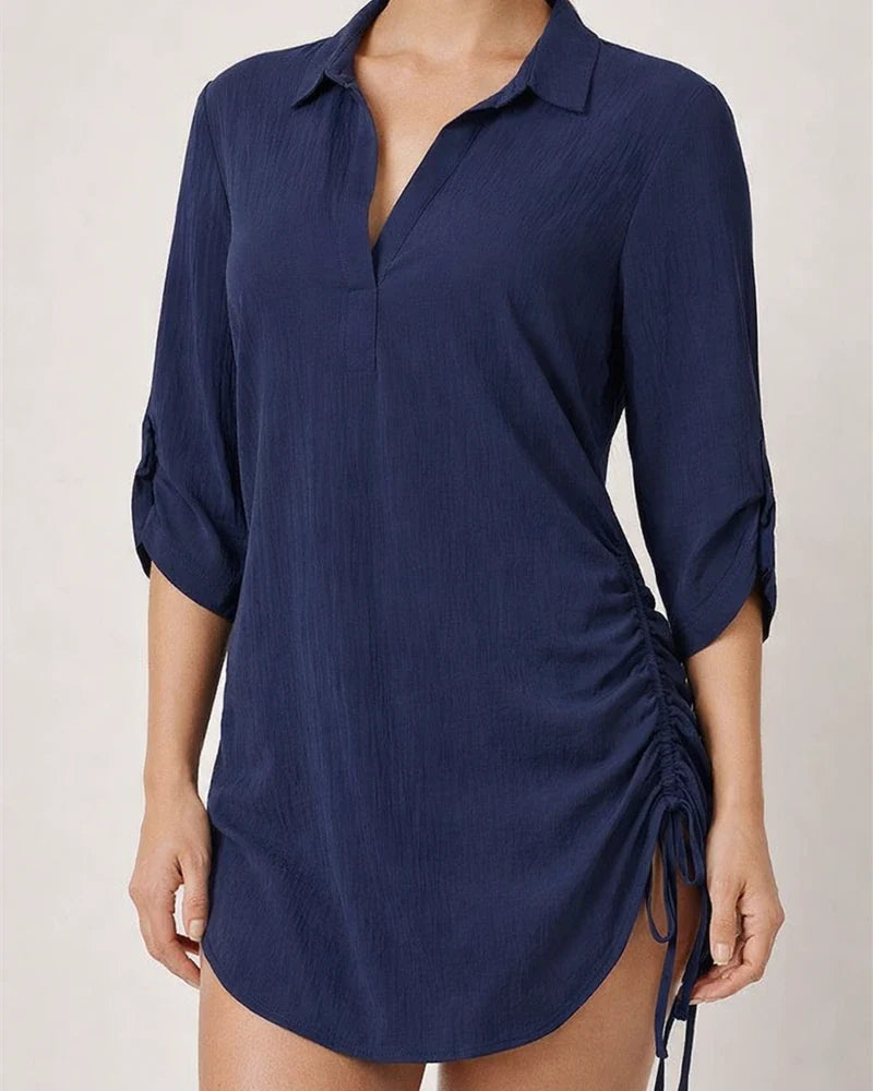 Women's New Sides Drawstring Solid Color Shirt Beach Smock Shirt | JRSEE:cb7afb15-331c-43cc-8dc2-d15c85e63866