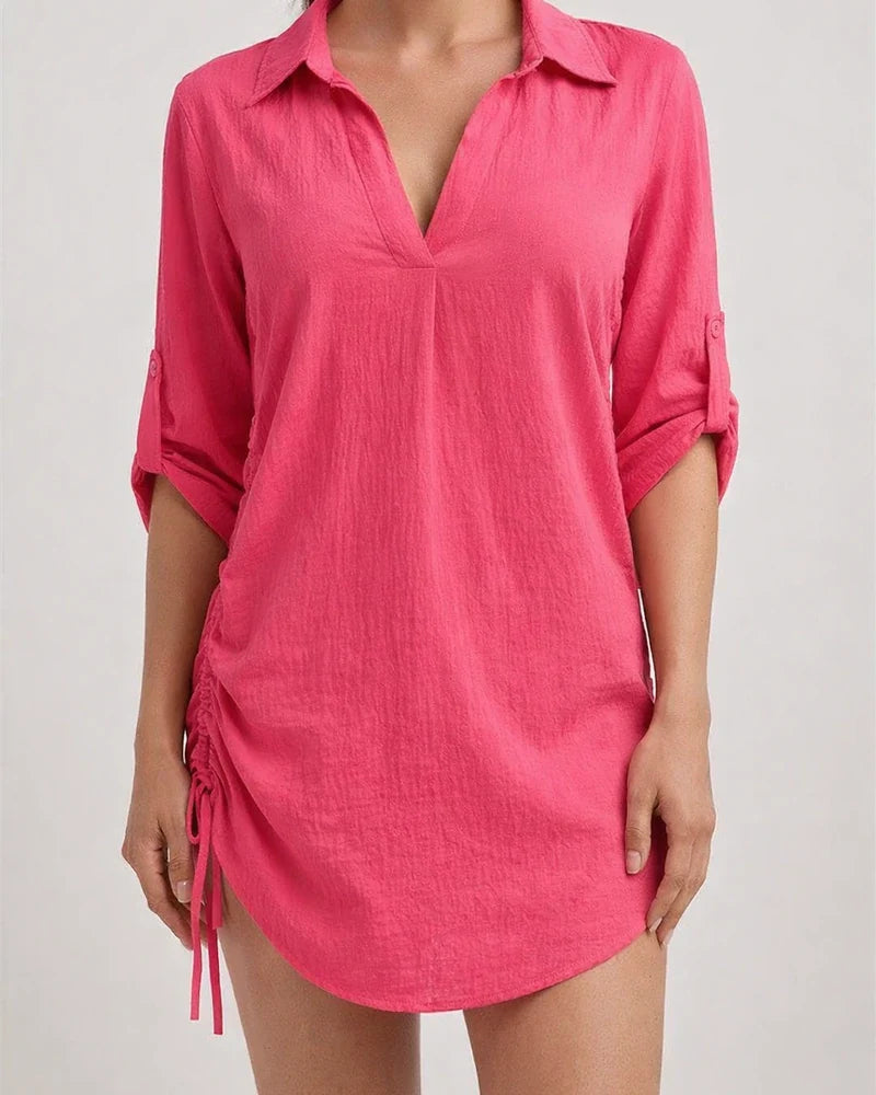 Women's New Sides Drawstring Solid Color Shirt Beach Smock Shirt | JRSEE:469dd187-9b8f-4cc9-b02f-77b09221e99a