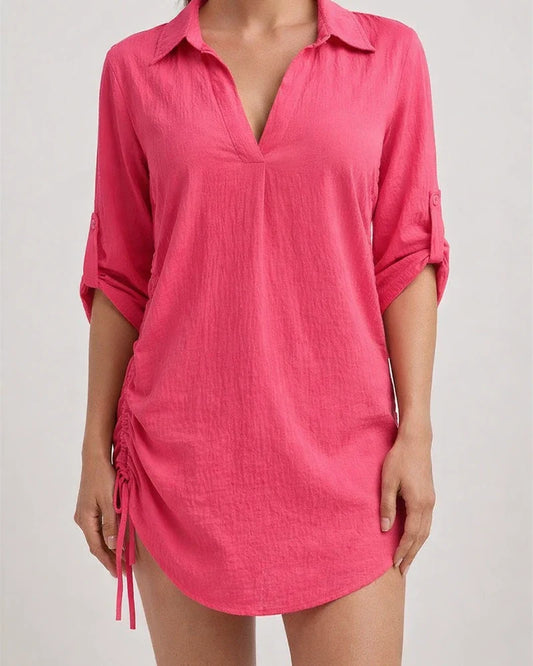 Women's New Sides Drawstring Solid Color Shirt Beach Smock Shirt | JRSEE:469dd187-9b8f-4cc9-b02f-77b09221e99a