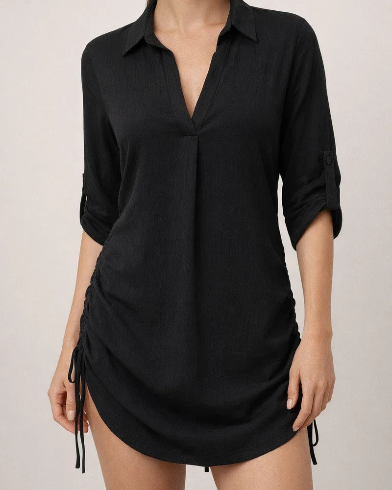 Women's New Sides Drawstring Solid Color Shirt Beach Smock Shirt | JRSEE:15e2560b-04a1-40e3-8259-a420f7a7627e