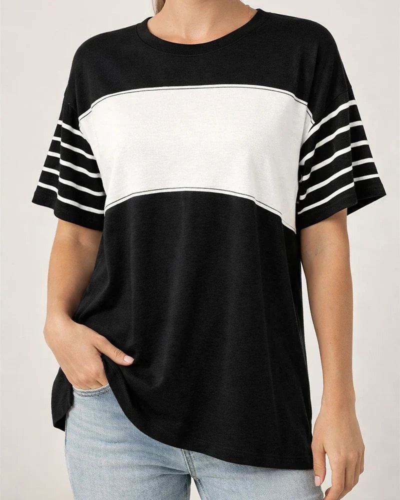Women's New Spring Summer Round-Neck Casual Striped Color-Blocked Short-Sleeve T-Shirt | JRSEE:10341536-ebb0-4752-a445-5f040682a43f