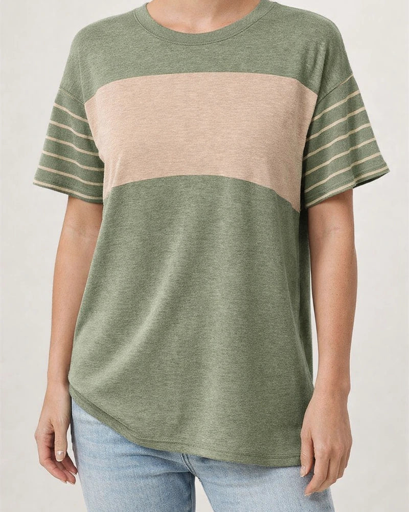 Women's New Spring Summer Round-Neck Casual Striped Color-Blocked Short-Sleeve T-Shirt | JRSEE:8023294e-53cb-4085-b82f-a421a104a19a