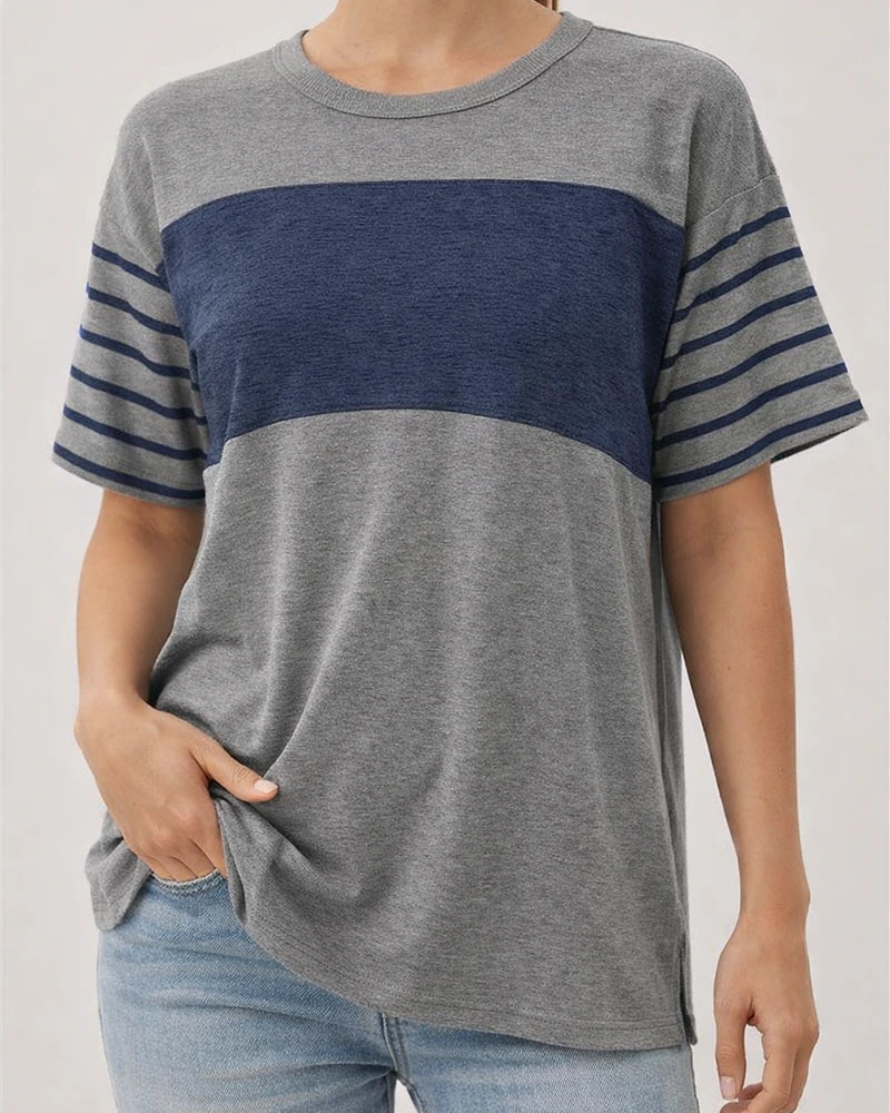 Women's New Spring Summer Round-Neck Casual Striped Color-Blocked Short-Sleeve T-Shirt | JRSEE:2735c6a7-0f78-4906-a20b-673ef8204a58