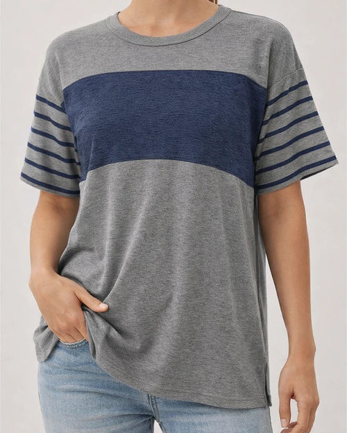 Women's New Spring Summer Round-Neck Casual Striped Color-Blocked Short-Sleeve T-Shirt | JRSEE:2735c6a7-0f78-4906-a20b-673ef8204a58