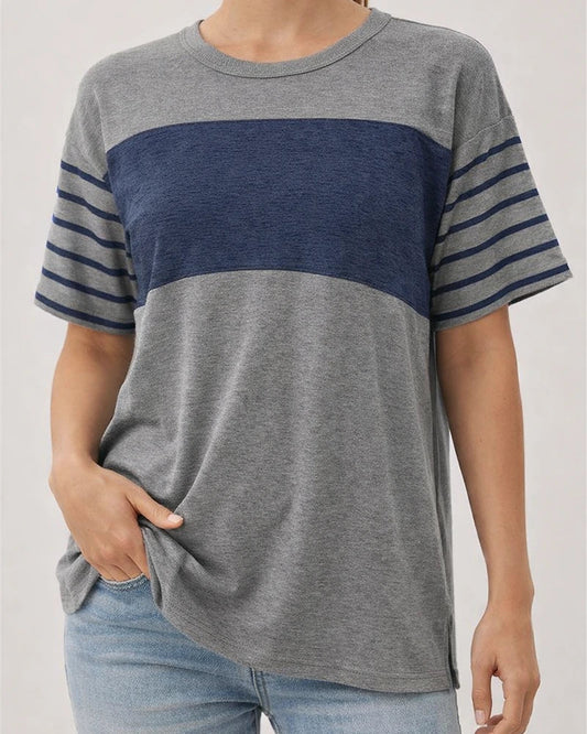 Women's New Spring Summer Round-Neck Casual Striped Color-Blocked Short-Sleeve T-Shirt | JRSEE:2735c6a7-0f78-4906-a20b-673ef8204a58