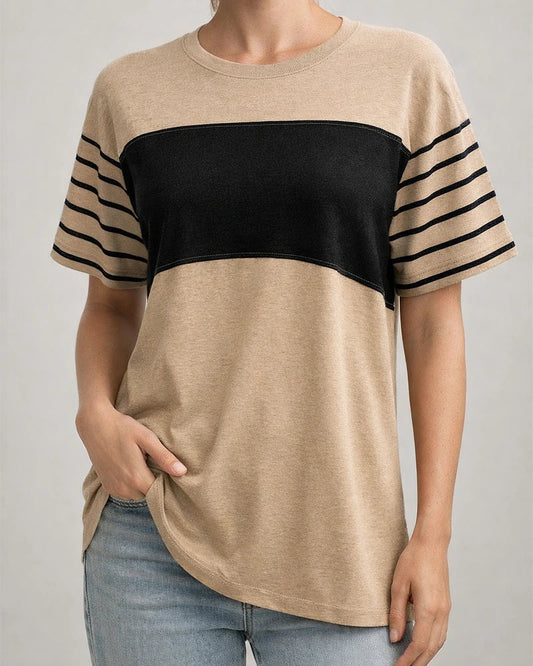 Women's New Spring Summer Round-Neck Casual Striped Color-Blocked Short-Sleeve T-Shirt | JRSEE:46fc7c6a-72bf-4217-8906-d939330165c2