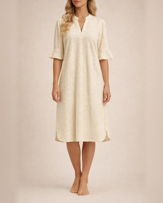 Women's New Spring/Summer Solid-Color Jacquard Three-Quarter Sleeve V-Neck Loose-Fit Dress | JRSEE:26339b9d-a9e1-4c5c-b430-caad88079333 | JRSEE:d37826db-c464-4779-a01c-d387e2abcbff