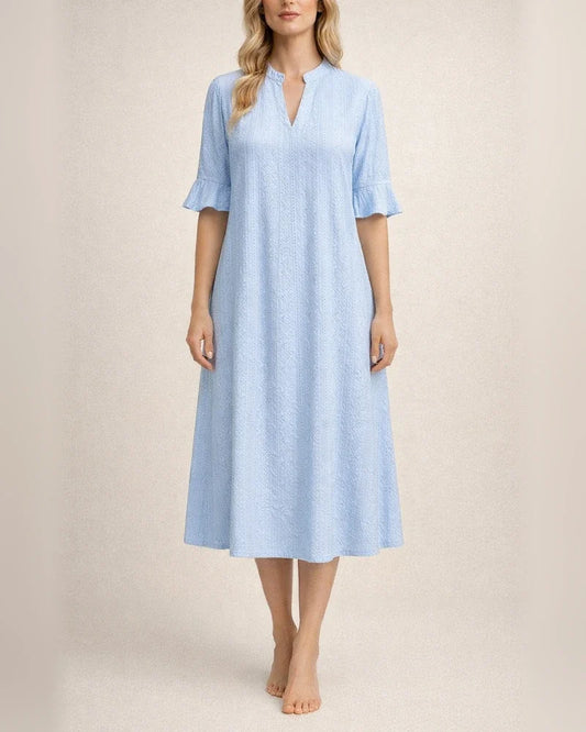 Women's New Spring/Summer Solid-Color Jacquard Three-Quarter Sleeve V-Neck Loose-Fit Dress | JRSEE:2b26594e-0caa-408c-8173-e4b1f6ea0466 | JRSEE:e4a324e2-42cd-497e-9293-09f36ac2226e