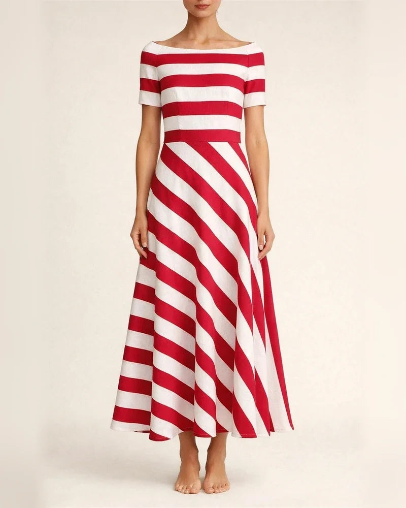 Women's New Striped Maxi Dresses A One-line Neckline Printed in The Mid-length Skirt | JRSEE:279813f1-e596-4ae3-9331-762249b4d6f7