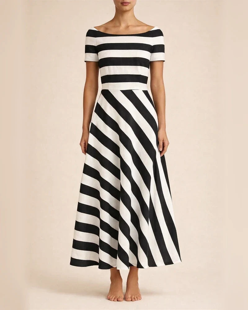 Women's New Striped Maxi Dresses A One-line Neckline Printed in The Mid-length Skirt | JRSEE:09917be4-198b-4848-9b77-5efd85a7a7bd