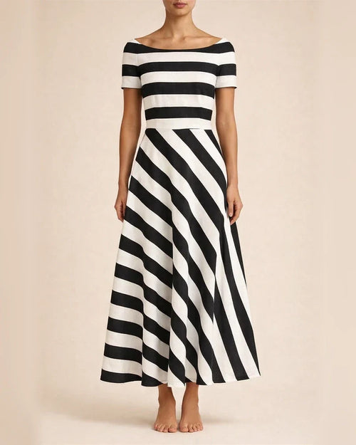 Women's New Striped Maxi Dresses A One-line Neckline Printed in The Mid-length Skirt | JRSEE:09917be4-198b-4848-9b77-5efd85a7a7bd