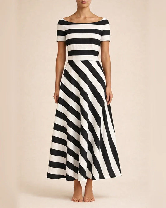 Women's New Striped Maxi Dresses A One-line Neckline Printed in The Mid-length Skirt | JRSEE:09917be4-198b-4848-9b77-5efd85a7a7bd