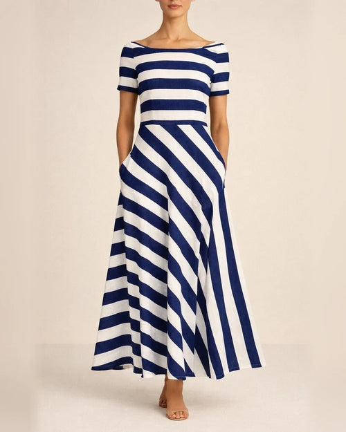 Women's New Striped Maxi Dresses A One-line Neckline Printed in The Mid-length Skirt | JRSEE:70c7a177-d08a-48e5-92c4-9dac5ac41f69