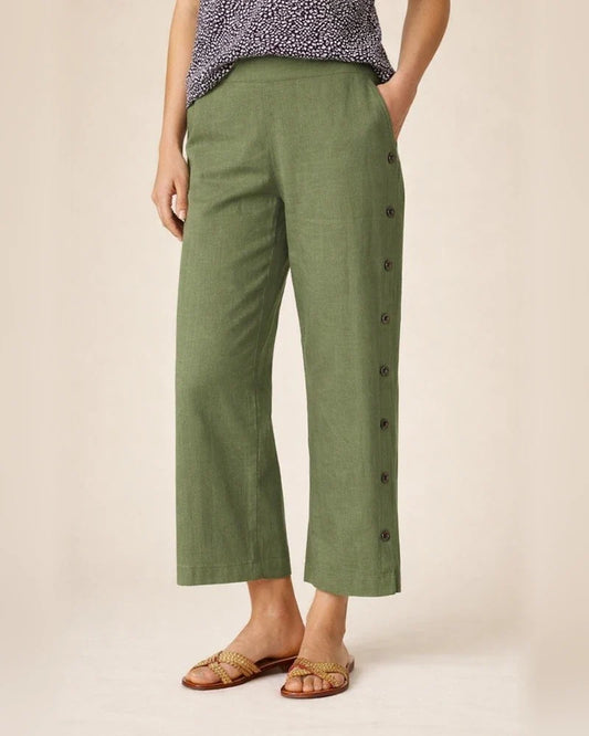 Women's New Style Cotton-Linen Breathable Cropped Pants with Side Button Fastening, Relaxed Fit Casual Pants | JRSEE:2809f87a-097a-48fb-81cb-d7d20ae2b52a