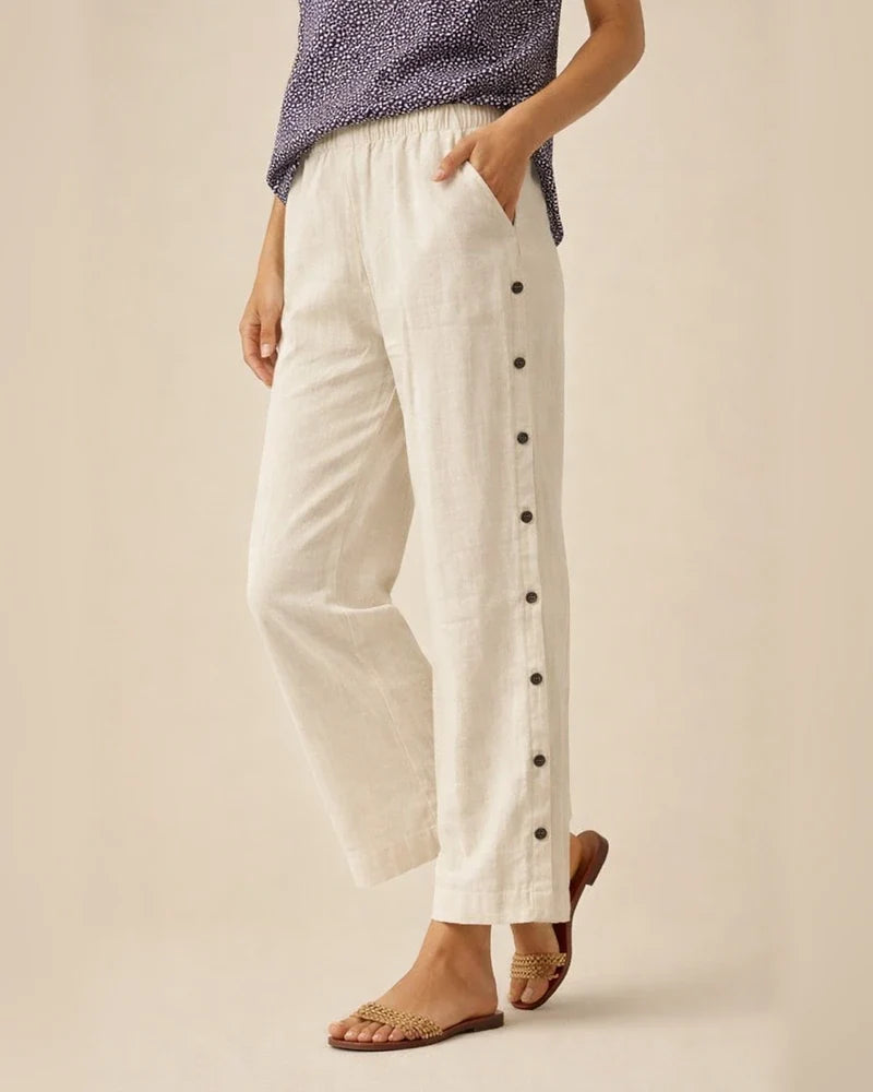 Women's New Style Cotton-Linen Breathable Cropped Pants with Side Button Fastening, Relaxed Fit Casual Pants | JRSEE:4ae9fef2-3c8c-428a-98e5-693d137decd2