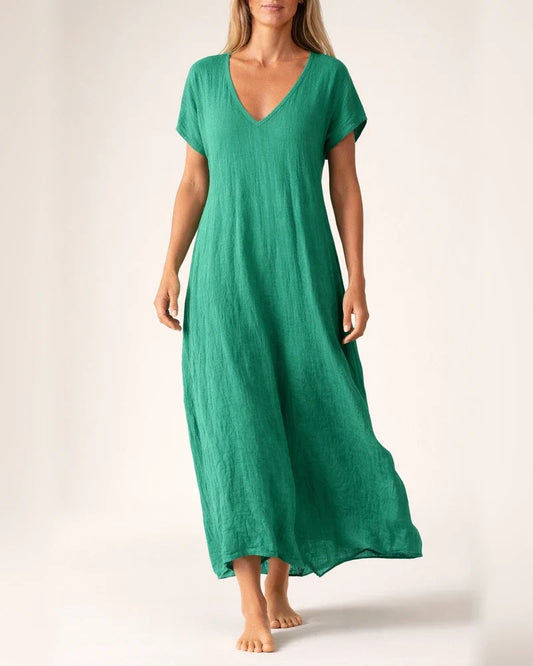 Women's New Summer Cotton-Linen Blend V-Neck Short Sleeve Loose Dress S-5XL | JRSEE:1b154b87-0e73-469d-9f60-bca8e9d82ae0
