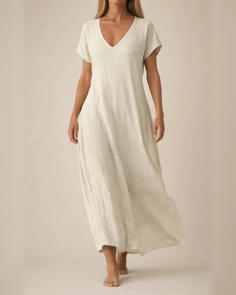 Women's New Summer Cotton-Linen Blend V-Neck Short Sleeve Loose Dress S-5XL | JRSEE:08359498-c787-4fa1-9db0-8aaa475bd4c8