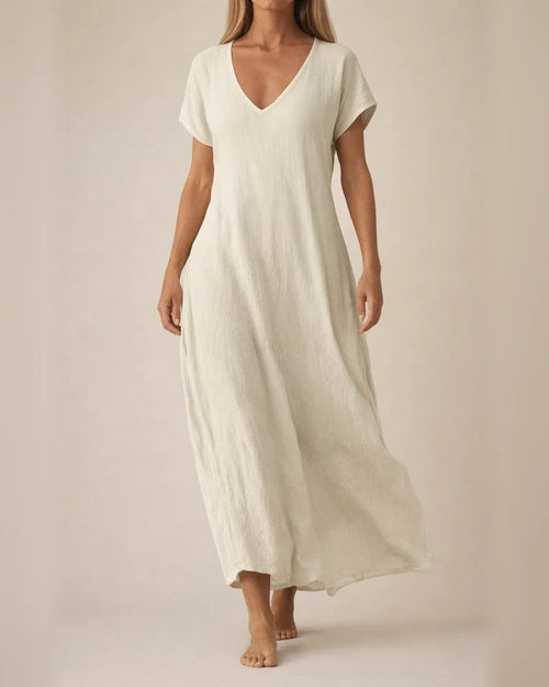 Women's New Summer Cotton-Linen Blend V-Neck Short Sleeve Loose Dress S-5XL | JRSEE:08359498-c787-4fa1-9db0-8aaa475bd4c8