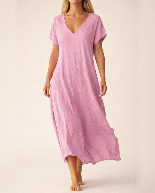 Women's New Summer Cotton-Linen Blend V-Neck Short Sleeve Loose Dress S-5XL | JRSEE:0f0b2f32-5d0e-4c64-b3d4-a7a62885ac10