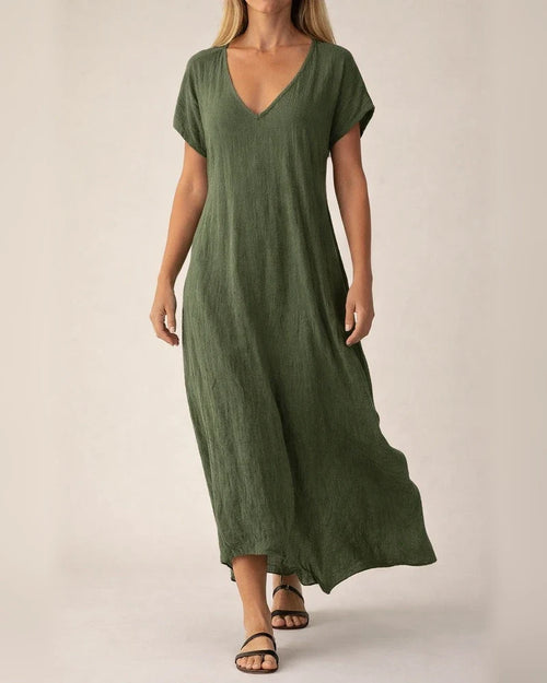 Women's New Summer Cotton-Linen Blend V-Neck Short Sleeve Loose Dress S-5XL | JRSEE:59baea46-55cd-4363-85bd-f87bb33a2d18
