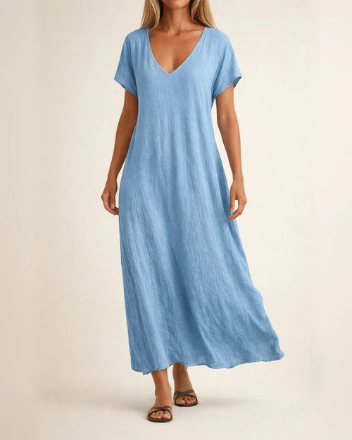 Women's New Summer Cotton-Linen Blend V-Neck Short Sleeve Loose Dress S-5XL | JRSEE:85fe0c84-65ab-4e91-99b8-245fbe2576c1