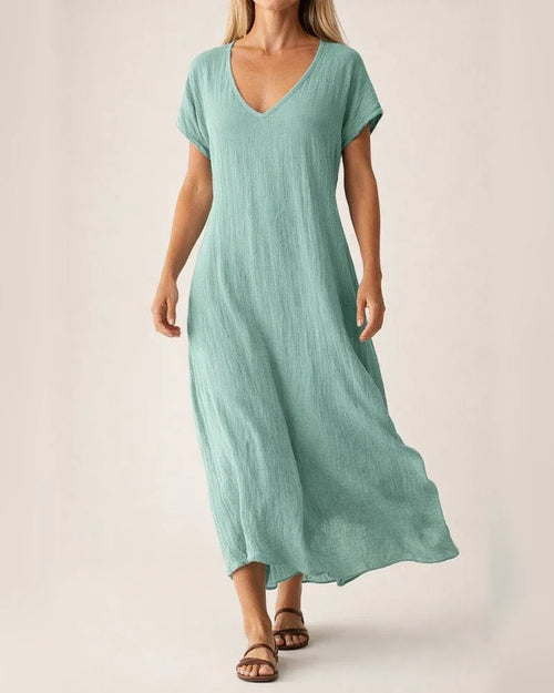 Women's New Summer Cotton-Linen Blend V-Neck Short Sleeve Loose Dress S-5XL | JRSEE:8e4a4292-e63d-4bfd-9cb7-86f85e6f0bb8