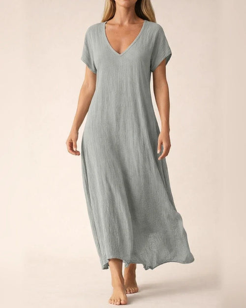 Women's New Summer Cotton-Linen Blend V-Neck Short Sleeve Loose Dress S-5XL | JRSEE:4f136c93-b87d-46cb-8c44-13ae1030b892