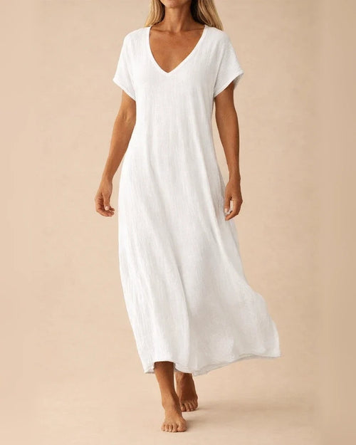 Women's New Summer Cotton-Linen Blend V-Neck Short Sleeve Loose Dress S-5XL | JRSEE:b588d84b-ac8c-4d2b-8fdc-4c1027db550b