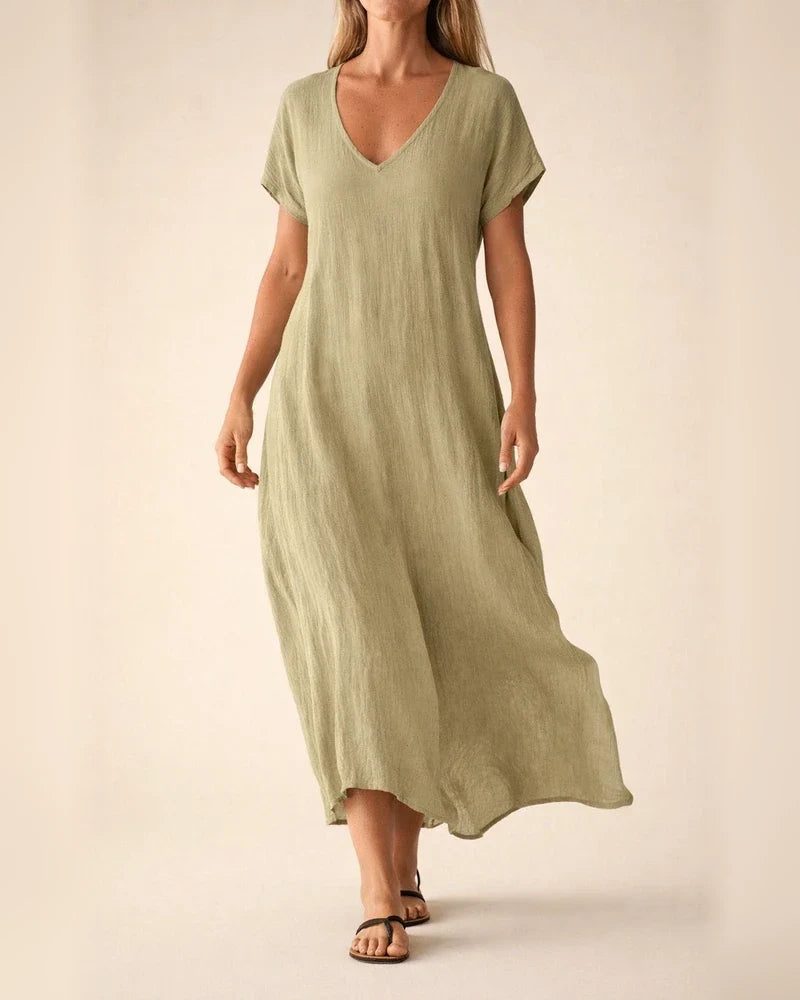 Women's New Summer Cotton-Linen Blend V-Neck Short Sleeve Loose Dress S-5XL | JRSEE:f89c62ea-1562-47c8-b2dd-e8c90c1bbe11