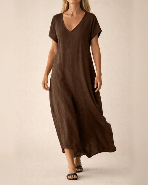 Women's New Summer Cotton-Linen Blend V-Neck Short Sleeve Loose Dress S-5XL | JRSEE:e6cef4e5-9c8d-4114-a412-f60a68d7490a