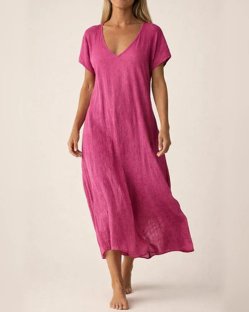 Women's New Summer Cotton-Linen Blend V-Neck Short Sleeve Loose Dress S-5XL | JRSEE:e5c49878-5a59-4978-b58a-3d42cb28cf89