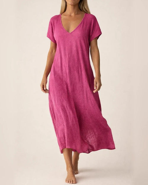 Women's New Summer Cotton-Linen Blend V-Neck Short Sleeve Loose Dress S-5XL | JRSEE:e5c49878-5a59-4978-b58a-3d42cb28cf89