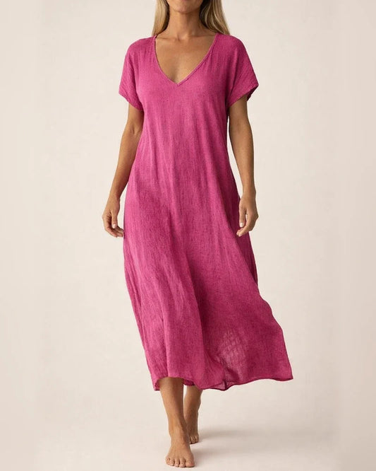 Women's New Summer Cotton-Linen Blend V-Neck Short Sleeve Loose Dress S-5XL | JRSEE:e5c49878-5a59-4978-b58a-3d42cb28cf89
