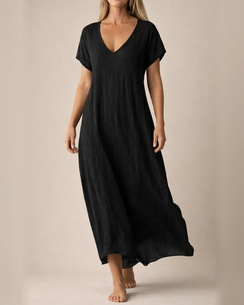 Women's New Summer Cotton-Linen Blend V-Neck Short Sleeve Loose Dress S-5XL | JRSEE:3258fb6e-2e49-4922-b91e-7f049dbecd81