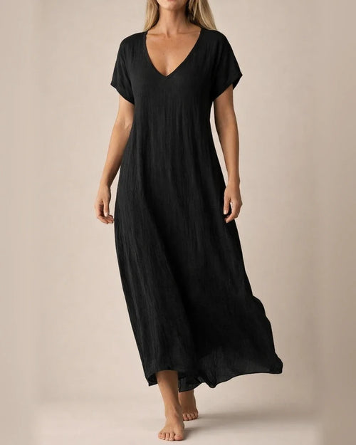 Women's New Summer Cotton-Linen Blend V-Neck Short Sleeve Loose Dress S-5XL | JRSEE:3258fb6e-2e49-4922-b91e-7f049dbecd81