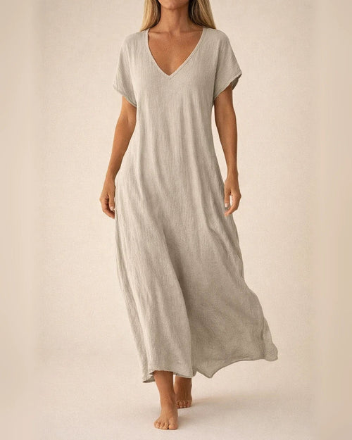 Women's New Summer Cotton-Linen Blend V-Neck Short Sleeve Loose Dress S-5XL | JRSEE:42694b40-13b0-4af5-856c-947316995d45